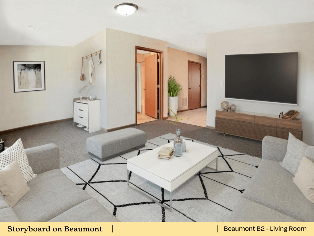 a living room with a couch and a table