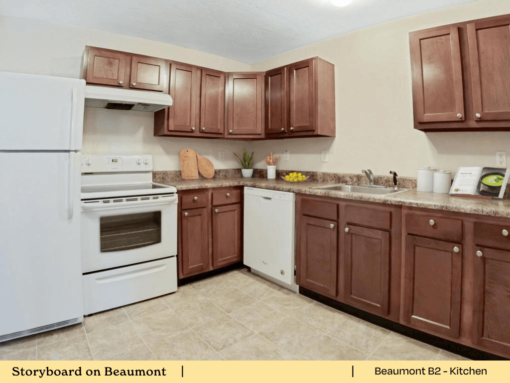 a kitchen with white appliances and brown cabinets