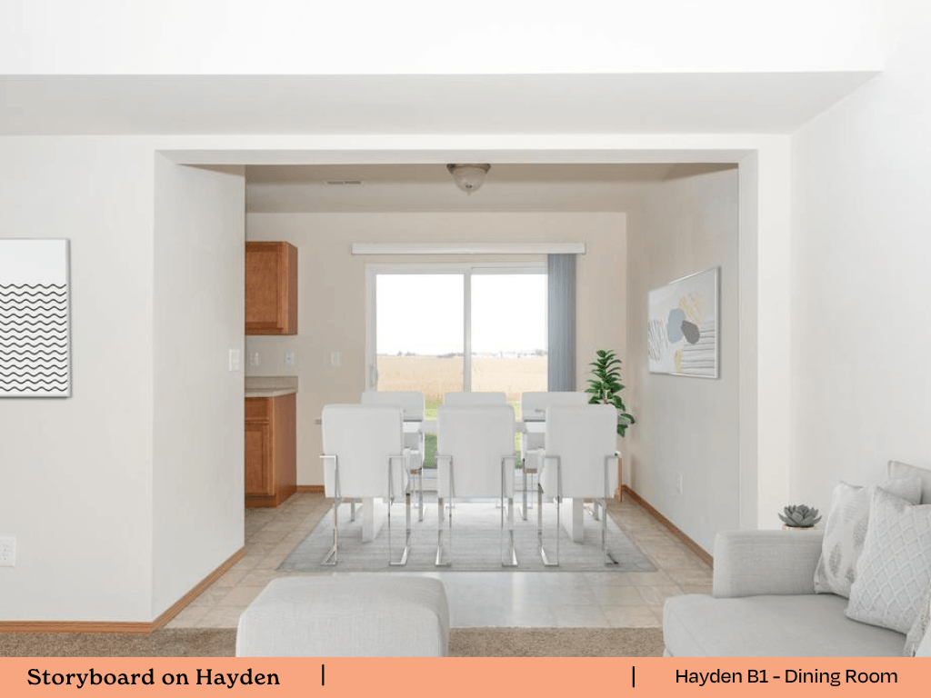 a rendering of a dining room with a table and chairs