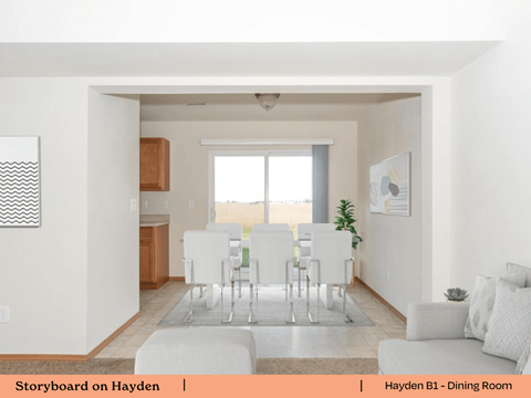 a rendering of a dining room with a table and chairs