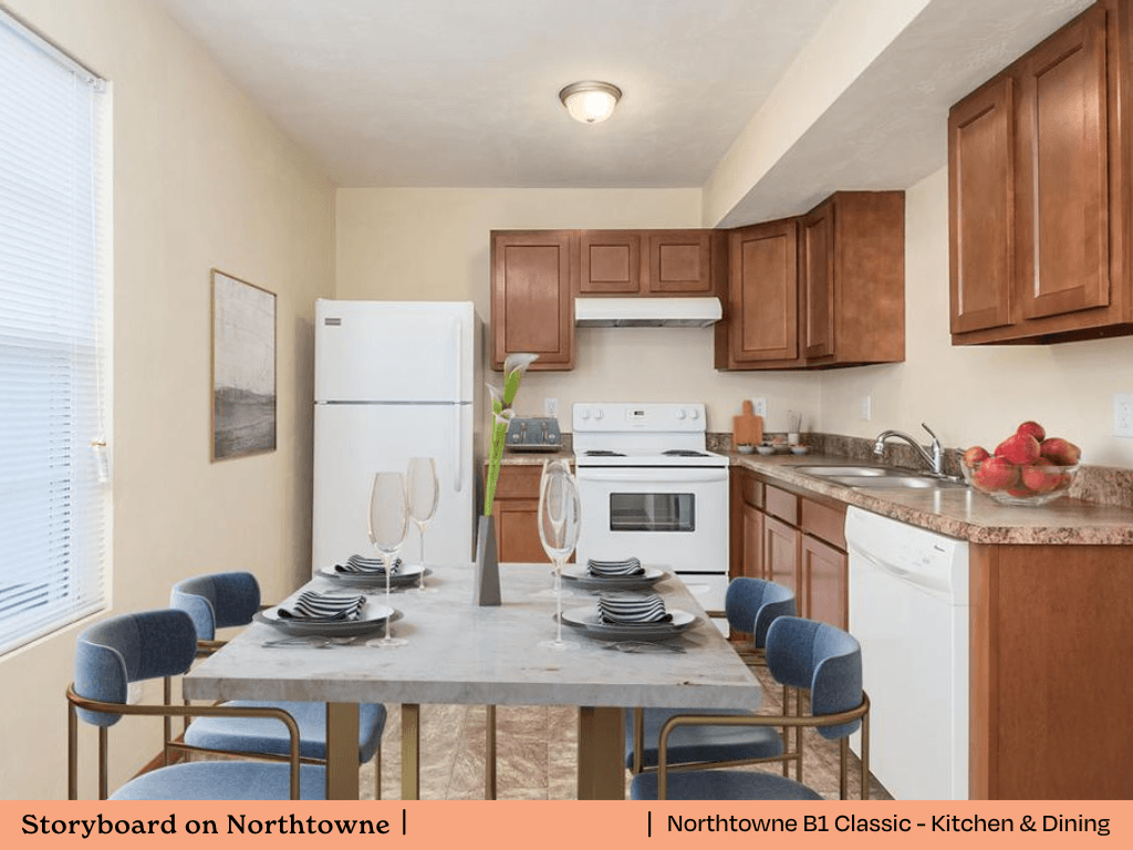 a kitchen and dining room with a table and chairs