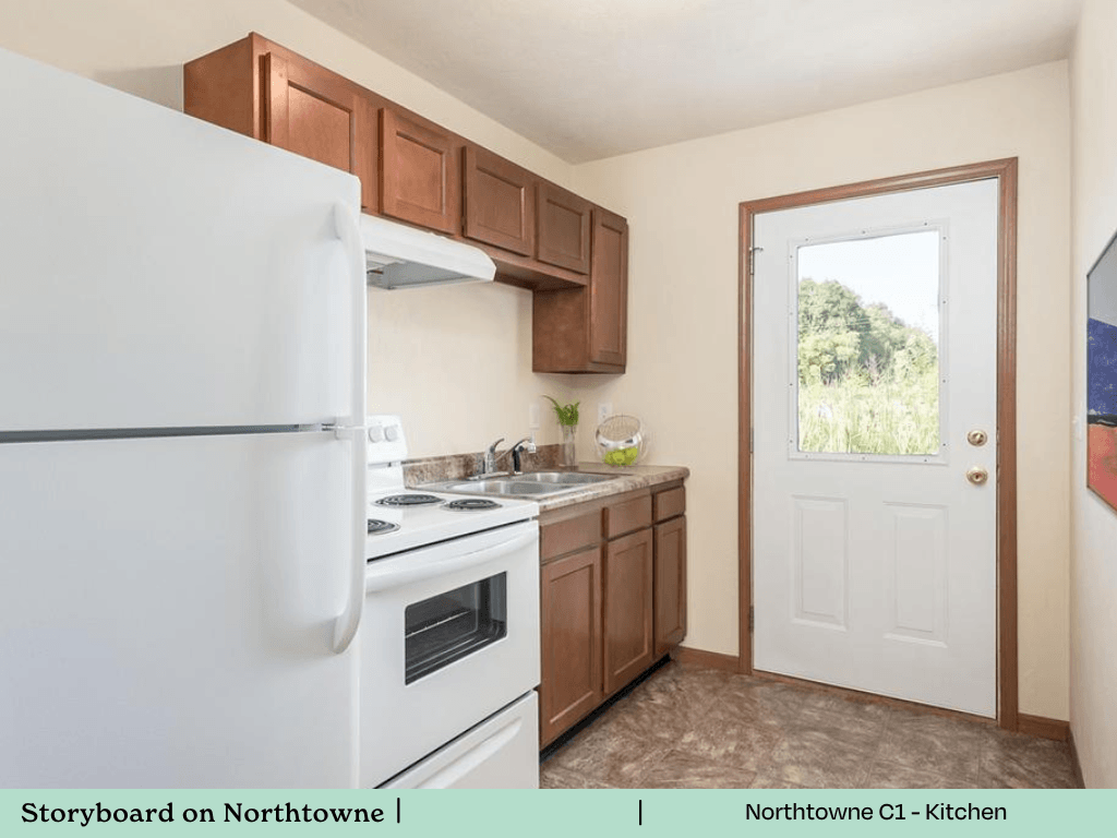 a kitchen with white appliances and brown cabinets and a white refrigerator