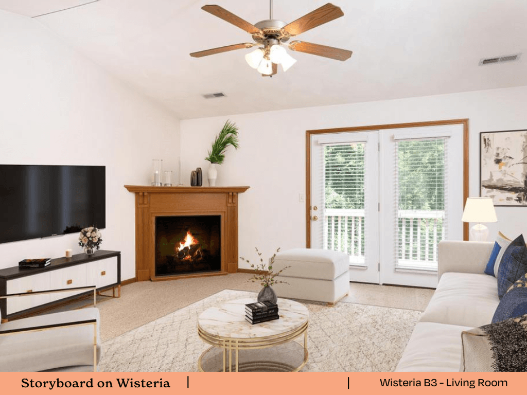 a living room with a couch and a tv and a fireplace