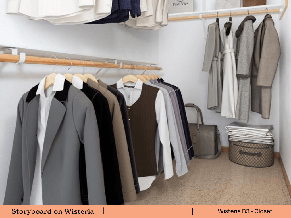 a closet filled with clothes and a suitcase