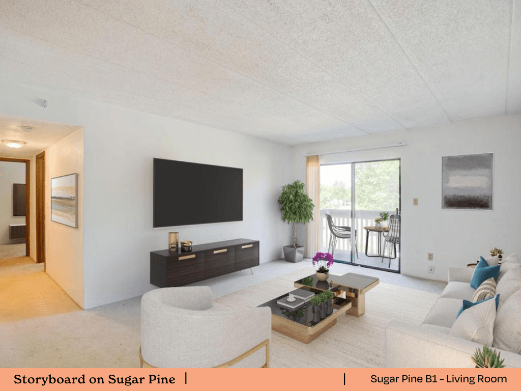 a living room with a white couch and a tv
