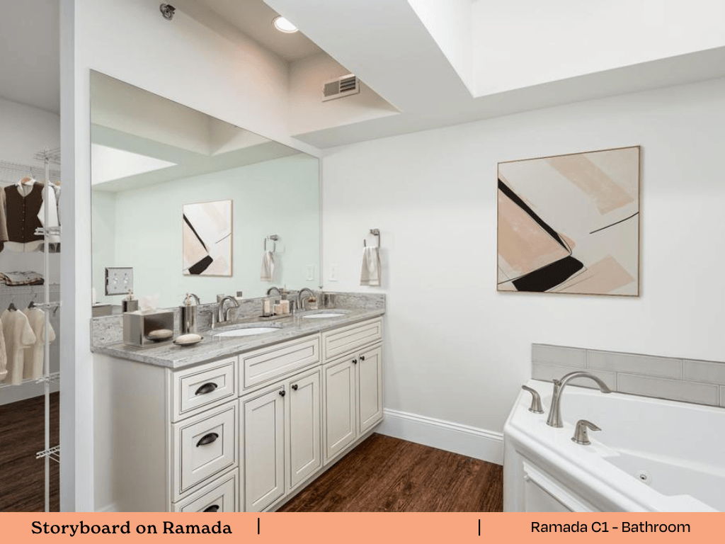 a bathroom with two sinks and a tub and a mirror
