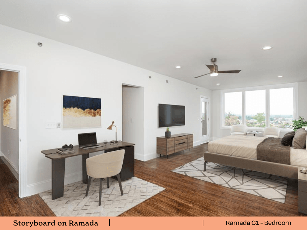 a bedroom with a bed and a desk