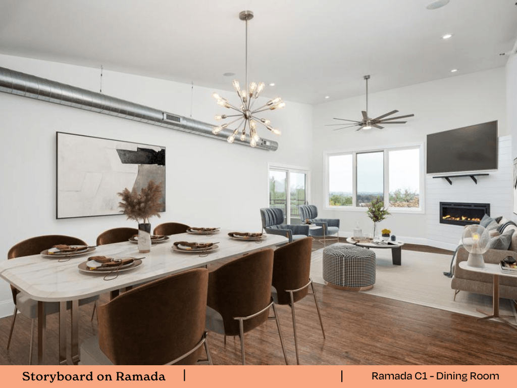 a dining room and living room with a table and chairs