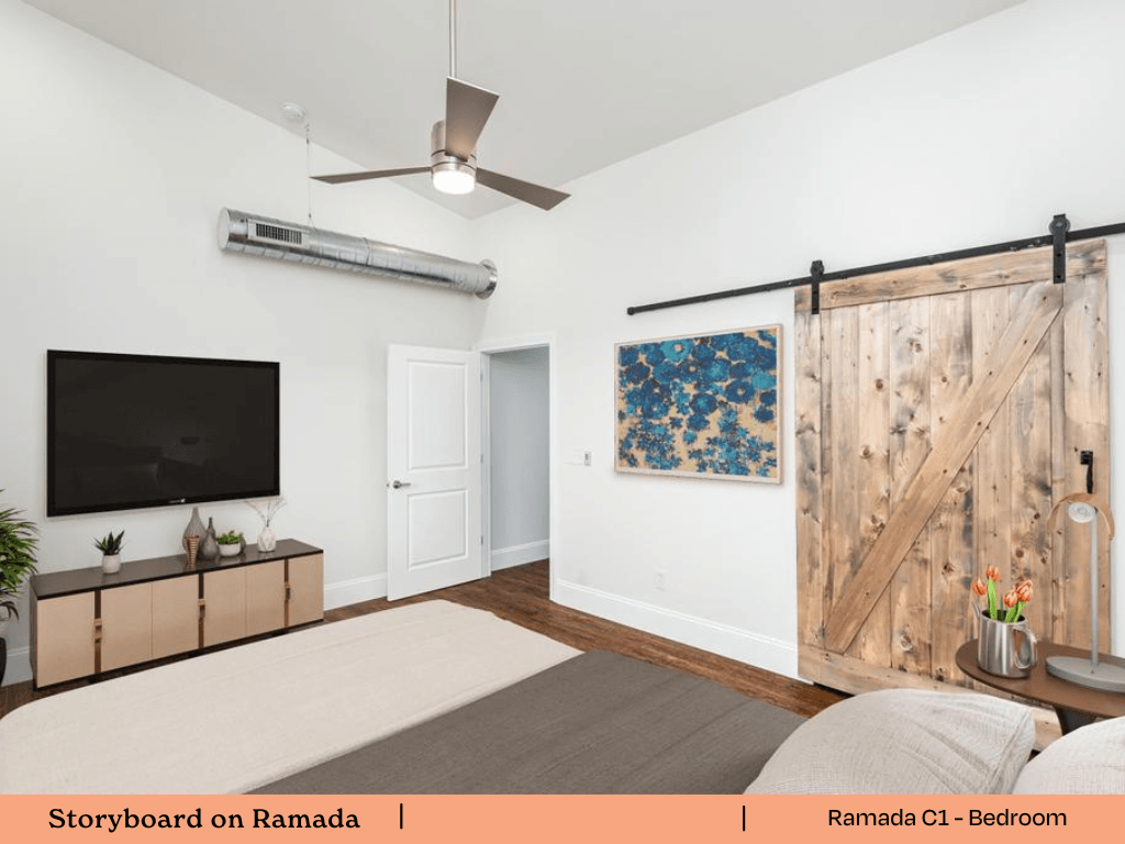 a living room with a tv and a sliding barn door
