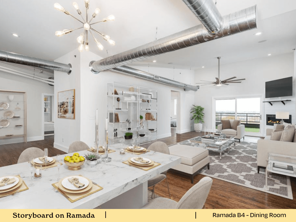 a rendering of a living room and dining room with a table and chairs