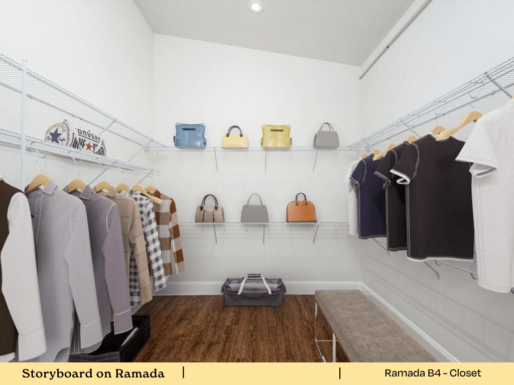 a rack of women s clothing and bags in a closet