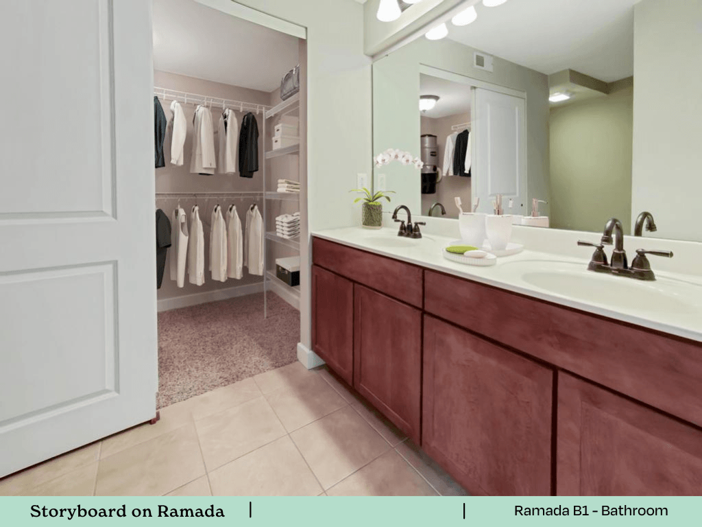 a bathroom with a sink and a mirror and a closet