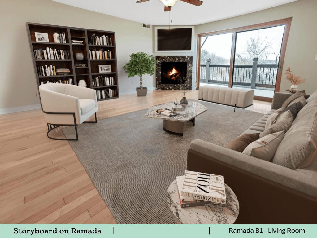 a living room with a couch and a fireplace