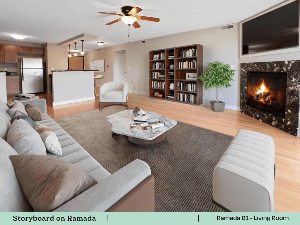 a living room with a couch and a fireplace