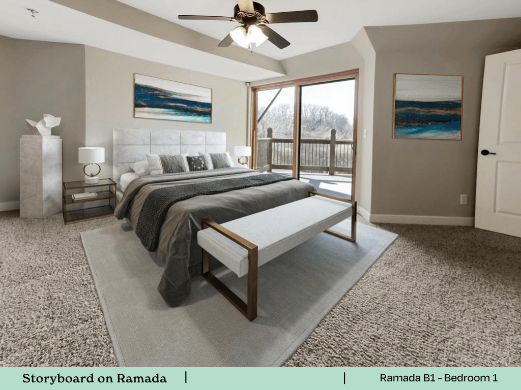 a bedroom with a bed and a ceiling fan