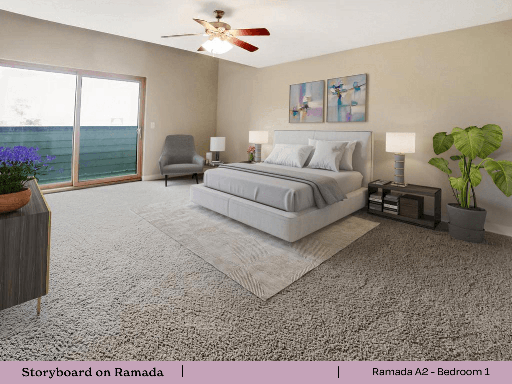 a bedroom with a bed and a ceiling fan