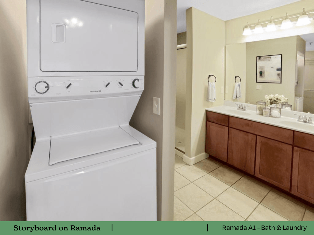 a bathroom with a washer and dryer and a sink