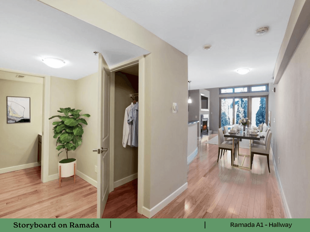 a passageway between a living room and a dining room