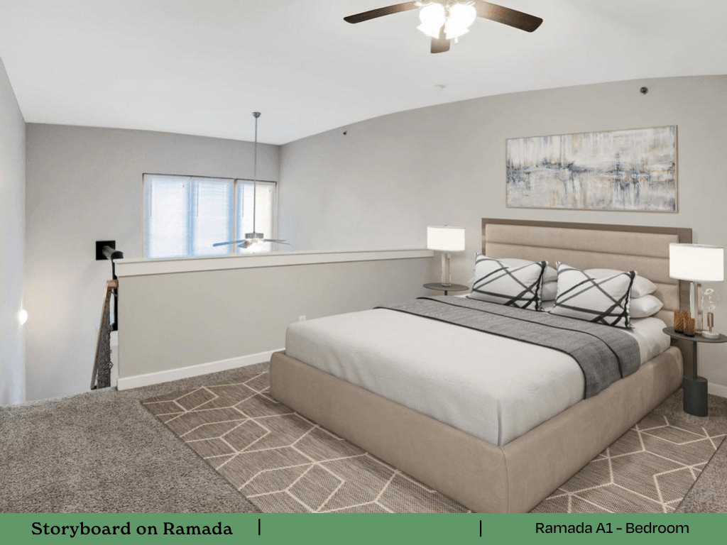 a bedroom with a bed and a ceiling fan