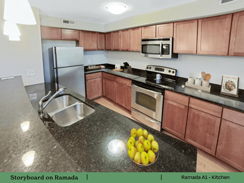 a kitchen with granite counter tops and stainless steel appliances