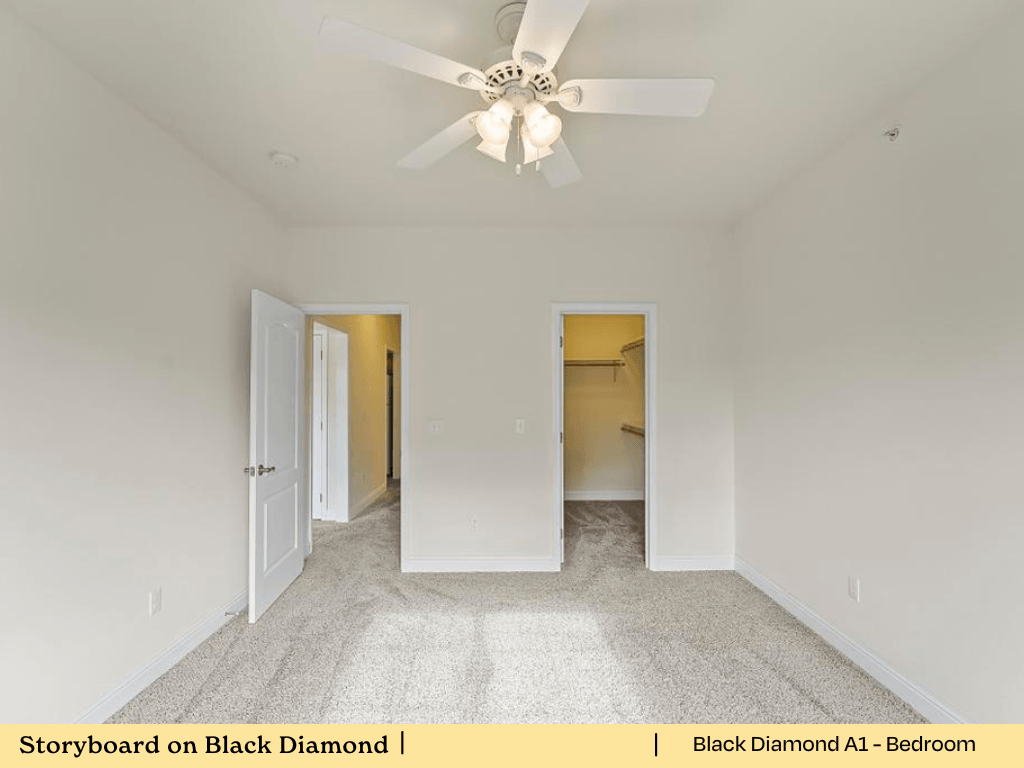 a bedroom with a ceiling fan and a closet