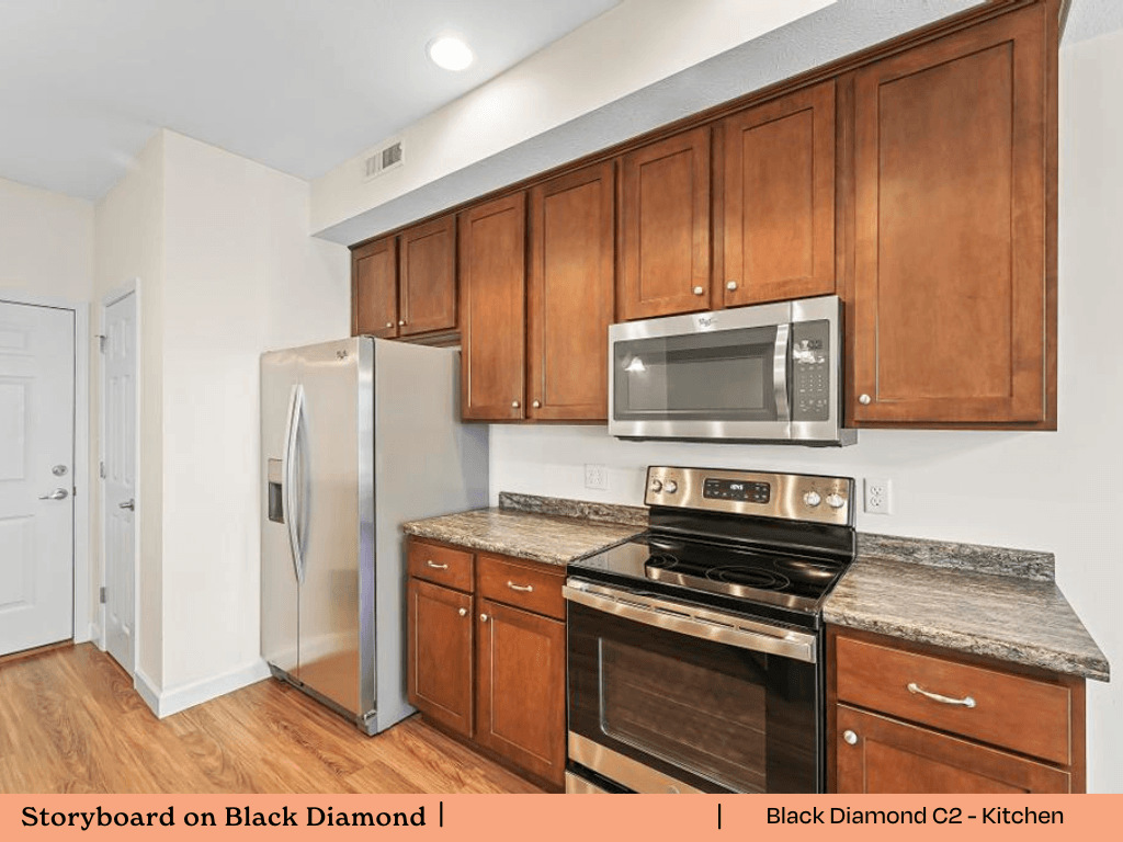 a kitchen with wooden cabinets and stainless steel appliances