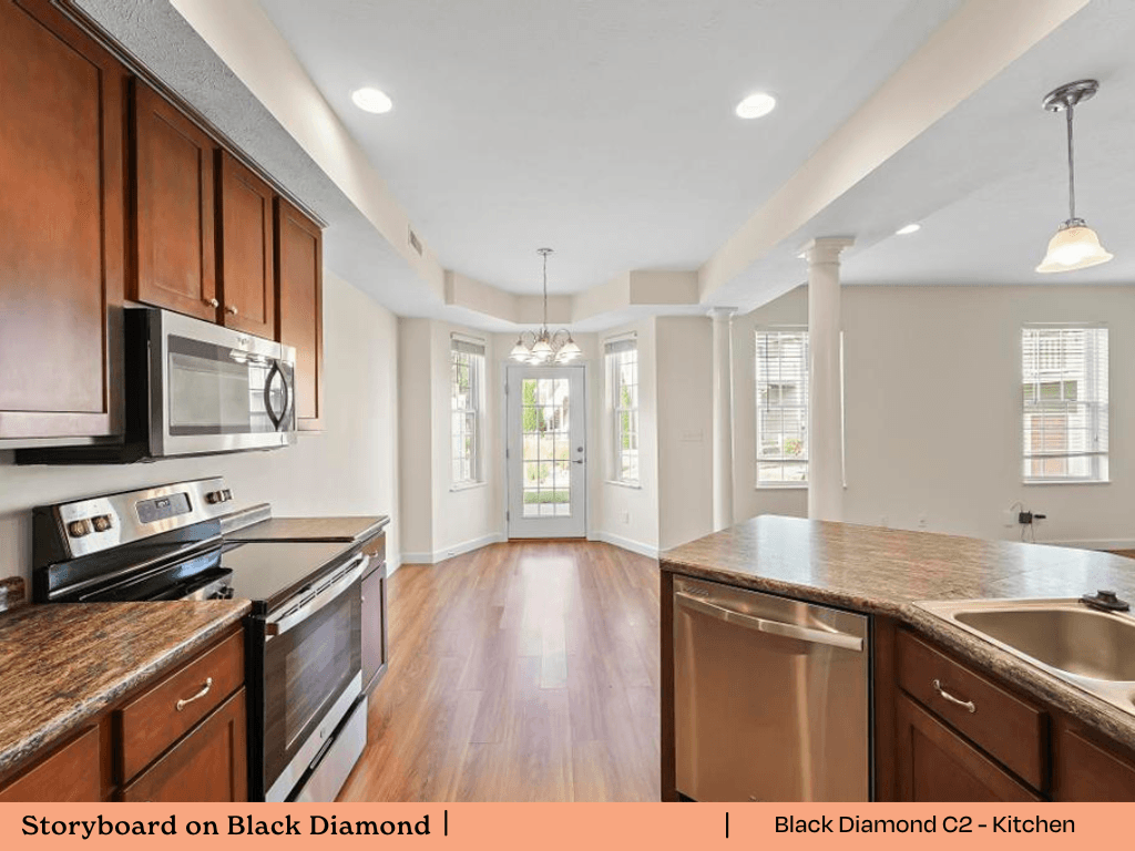 an empty kitchen with a stove and a microwave