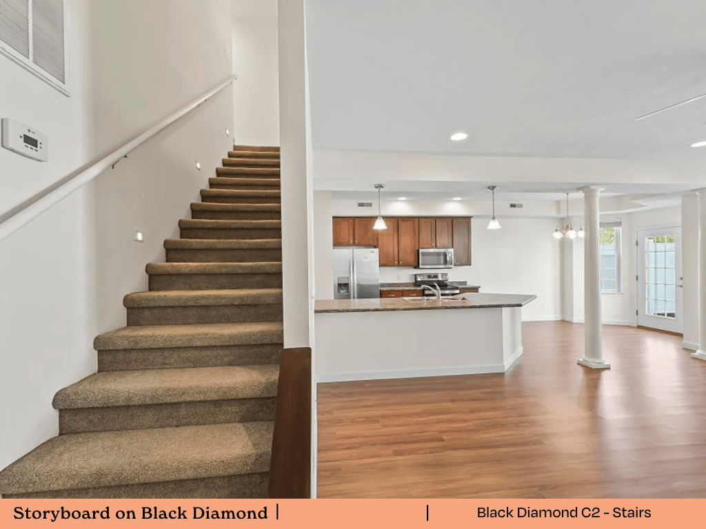 a staircase and a kitchen in a house with wood floors