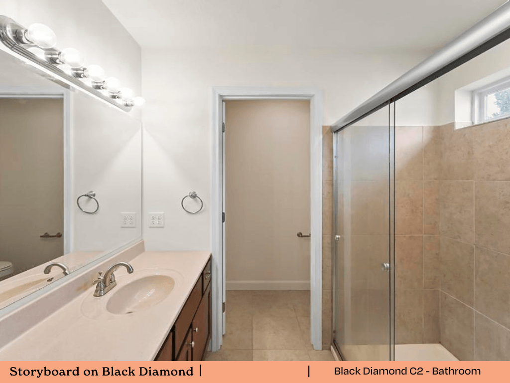 a bathroom with a sink and a shower and a mirror