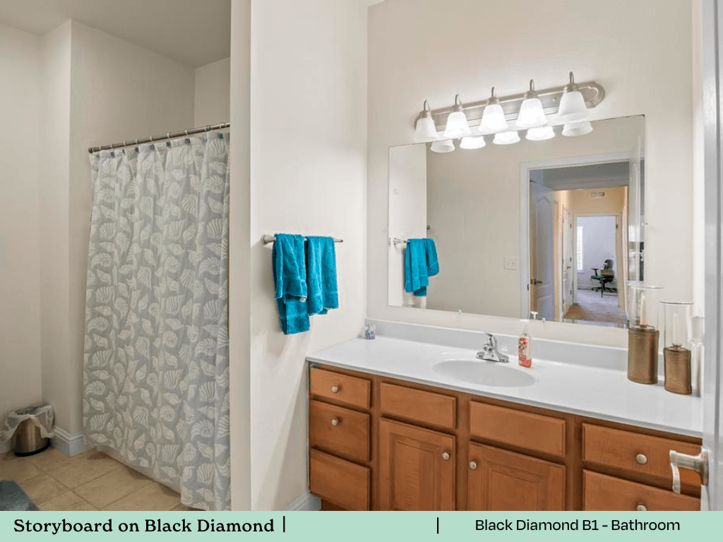 a bathroom with a sink and a shower and a mirror