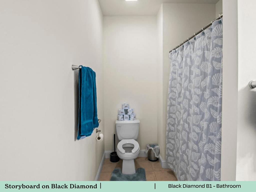 a bathroom with a toilet and a shower curtain