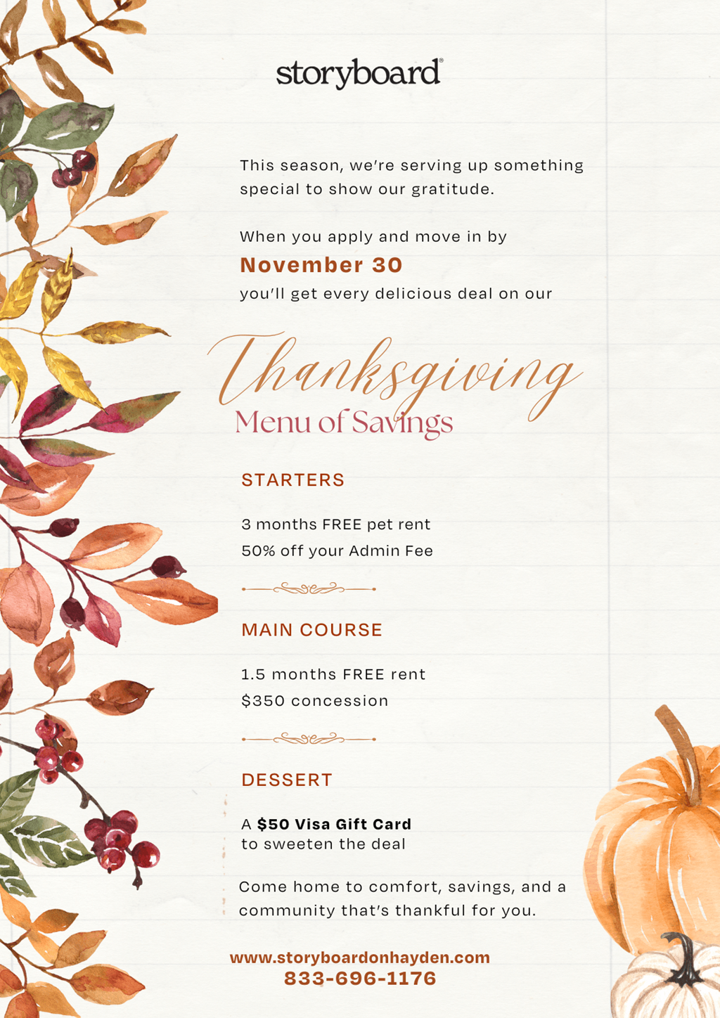 A Thanksgiving menu of savings with a pumpkin on the right side.