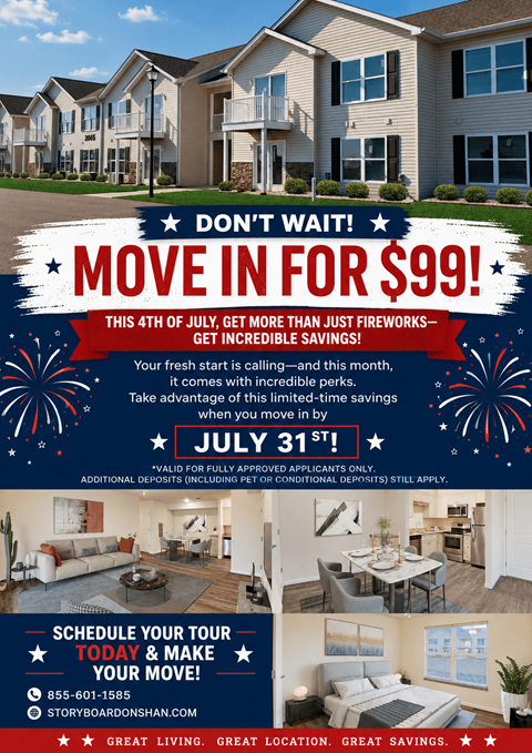 A promotional image for a housing complex with a July 31st deadline for a special move-in offer.