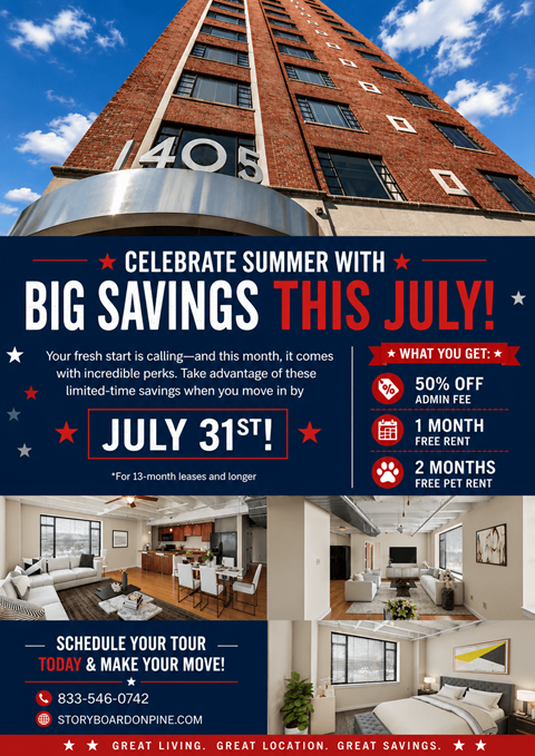 A poster advertising big savings on July 31st with a building in the background.