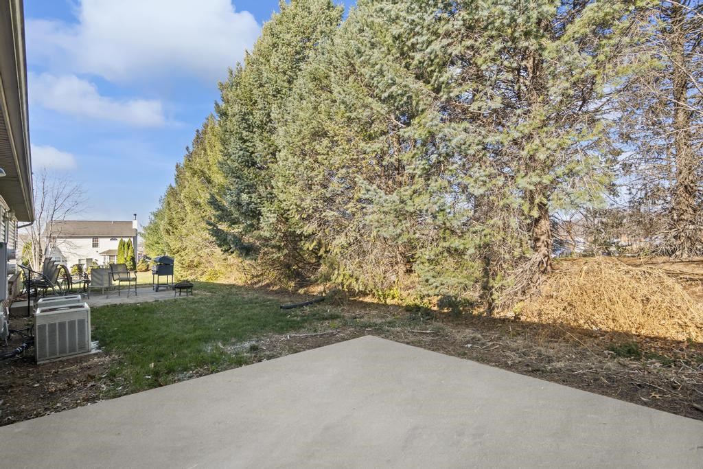 a driveway with trees and a house in the background