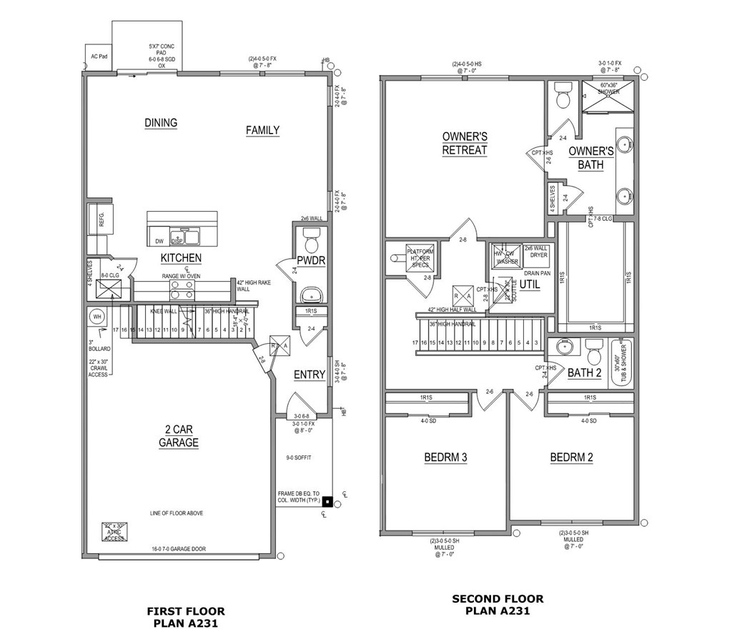 A black and white image of a two-story house floor plan.