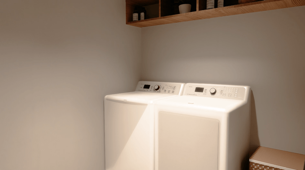 A white washing machine in a laundry room.