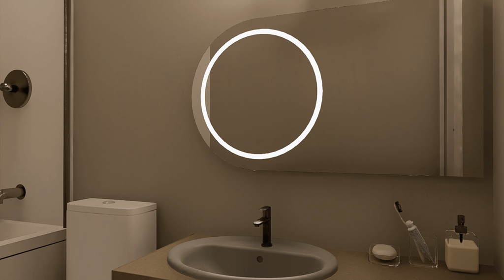 A bathroom with a sink, mirror, and toiletries.