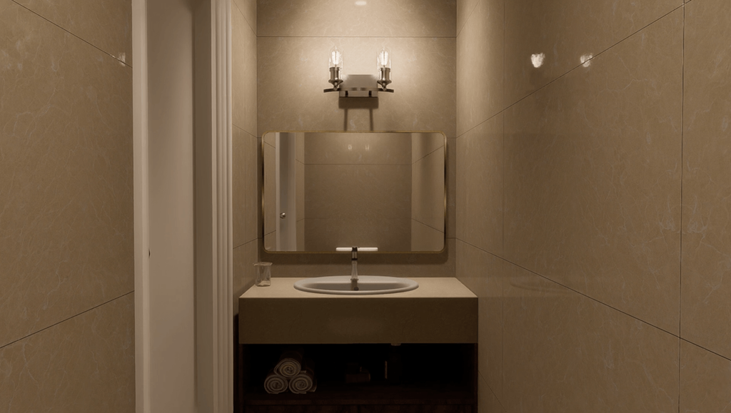 A bathroom with a sink and mirror.