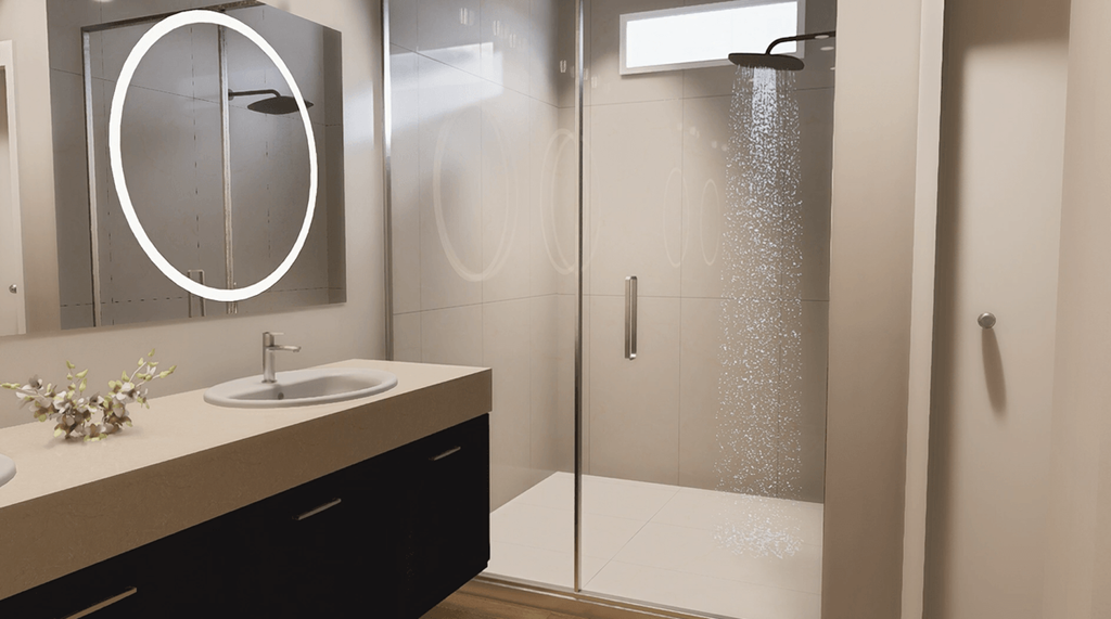 A modern bathroom with a sink, mirror, and shower.