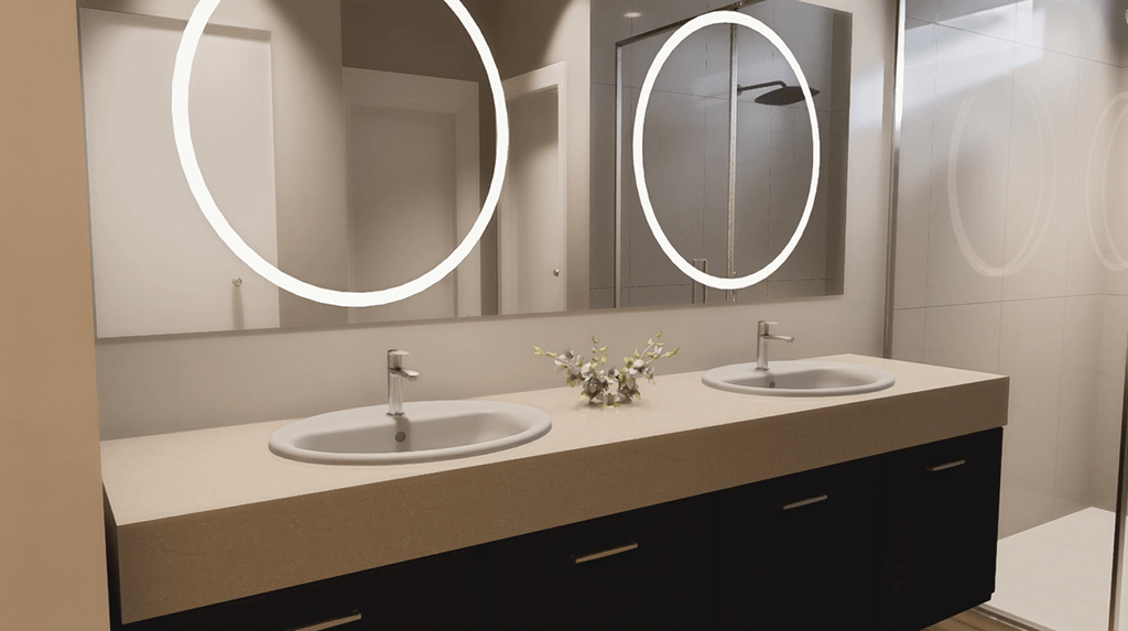 A bathroom with two sinks and two mirrors.