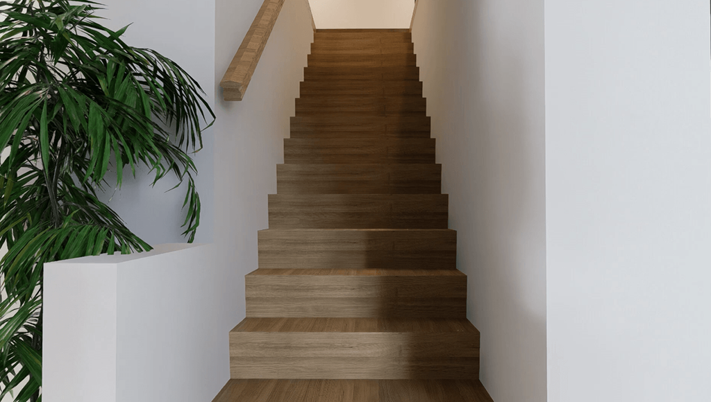 A staircase with a plant on the side.