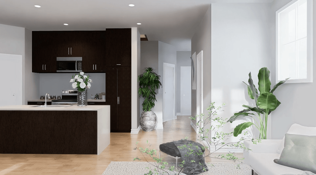 A modern kitchen with dark brown cabinets and a white island.