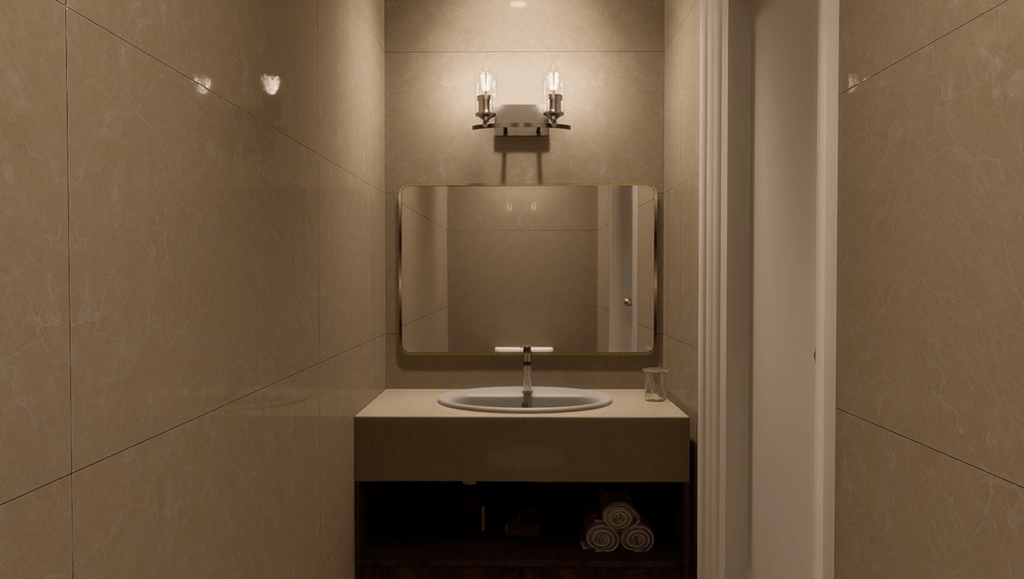 A bathroom with a sink and mirror.