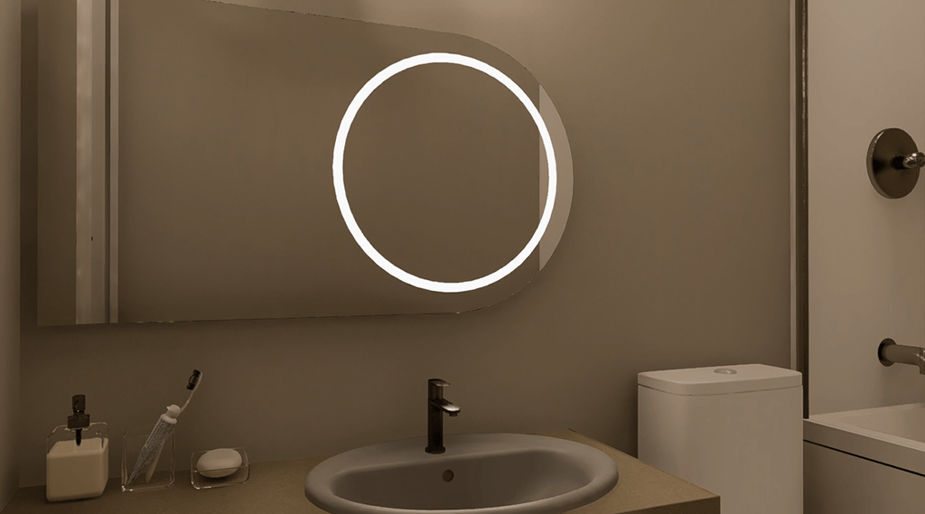 A bathroom with a sink and a mirror.