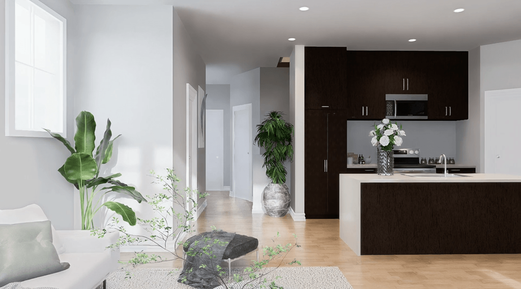 A modern living room with a white sofa, a grey cushion, a grey rock, a grey rug, a grey vase, a green plant, a brown cabinet, a white counter, a white sink, a white stove,