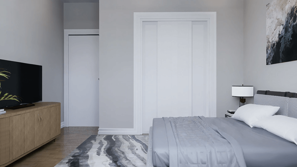 A bedroom with a bed, a dresser, and a painting on the wall.