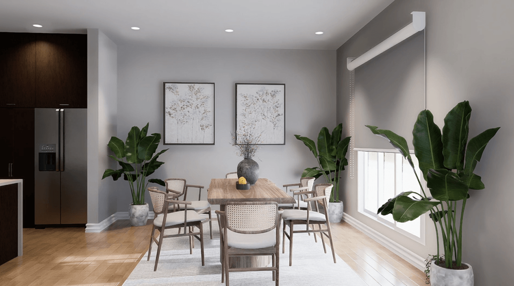 A modern dining room with a wooden table and chairs.
