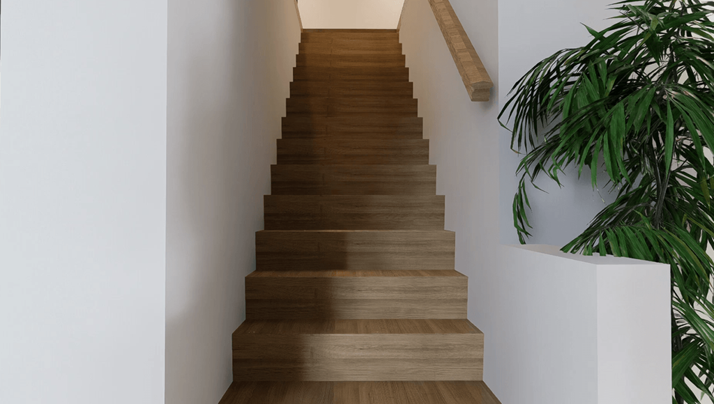 A staircase with wooden steps and a plant on the side.
