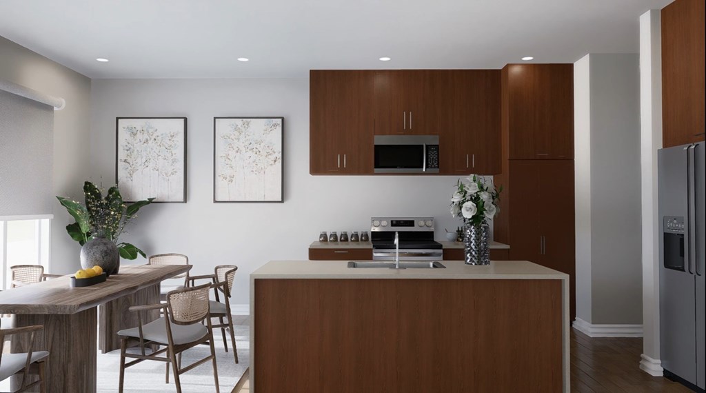 A modern kitchen with wooden cabinets and a dining table with chairs.
